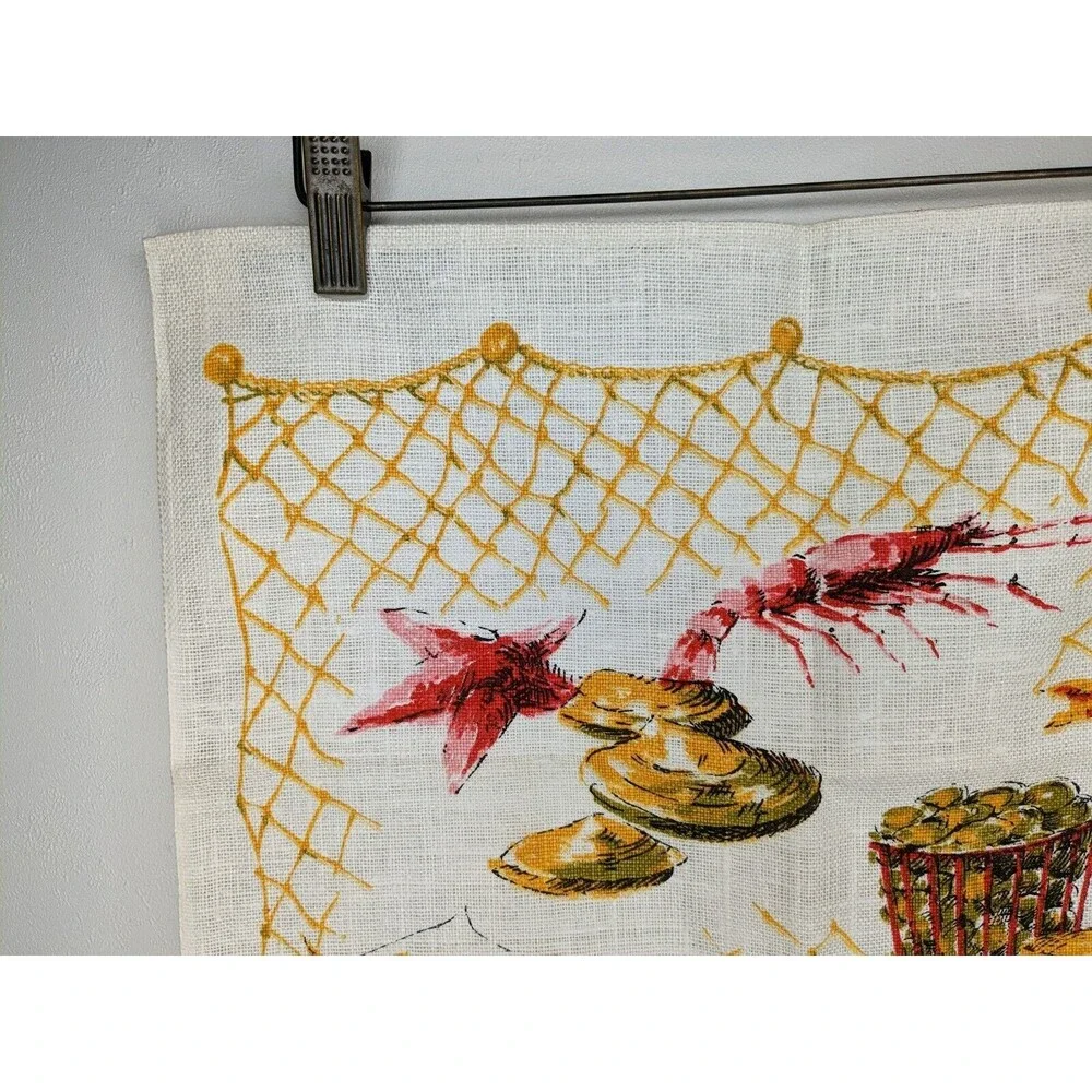 Vintage Polish Linen Tea Towel Screen Print Fish Market Unused Mint